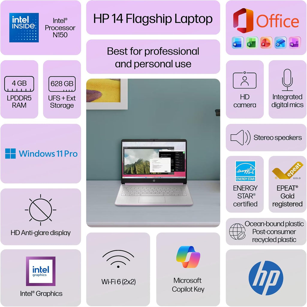 HP 14" Laptop Computer for 2026 Student Business Productivity, MS Office & Win 11 Pro, Copilot AI, Intel 4-Core CPU, 4GB DDR5 RAM, 628GB Storage (128GB UFS+500GB Ext), Wi-Fi 6, HubxcelAddon, Lavender