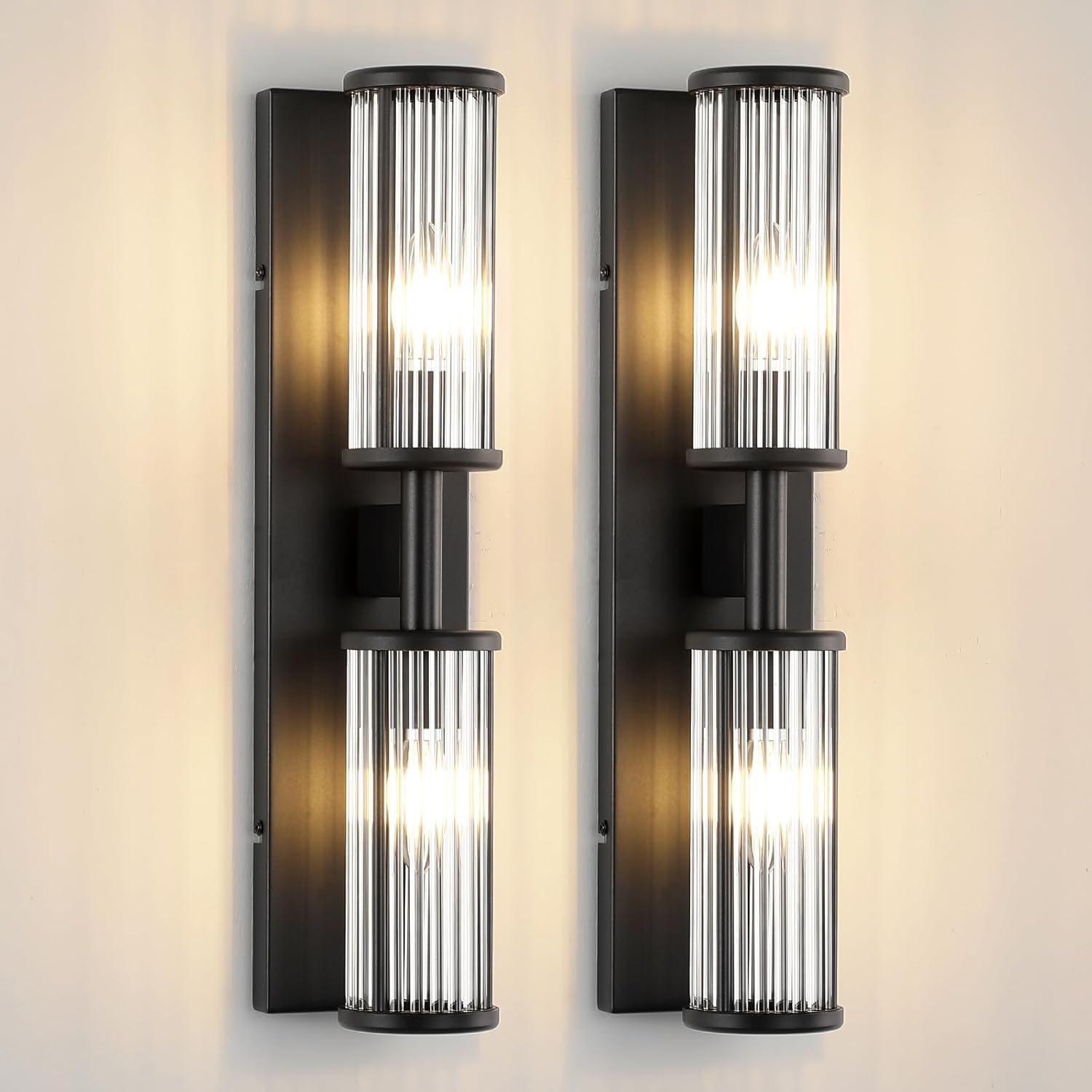 Modern Vanity Light Set of 2 - Matte Black Industrial Wall Sconces with Glass Rod Shades, Bathroom Mirror Lighting for Bedroom, Hallway, Dressing Room
