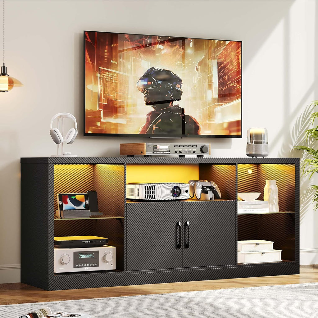 IRONCK TV Stand for TVs 65 inch with Power Outlet and LED Lights, Carbon Fiber Entertainment Center with Storage Cabinets, Adjustable Glass Shelves, Modern TV Stands for Living Room, Black