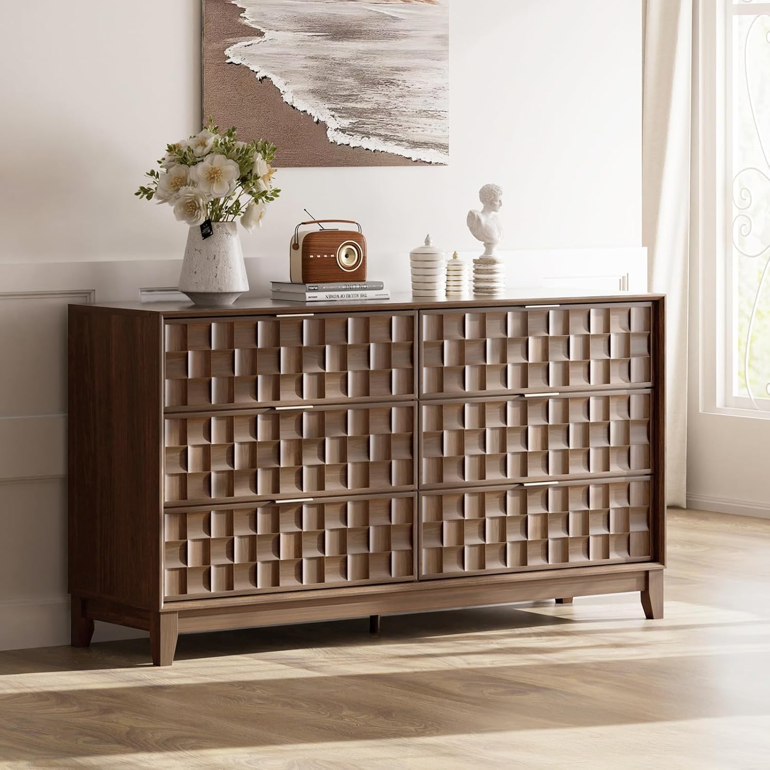 COLAMY Fluted Dresser for Bedroom, 6 Drawer Wood Dresser 55”, Chest of Drawers with Large Storage, Metal Handles, Modern TV Stand for Living Room, Hallway, Walnut