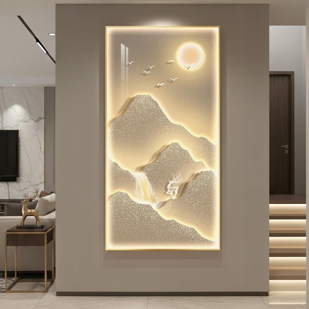Framed LED Mountain Wall Art for Living Room, Large Vertical Lighted Modern Luxury Gold Bright Sun Waterfall Artwork for Walls, Nature Landscape Backlit Wall Decor for Hallway, Entryway, Home Office