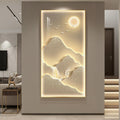 Framed LED Mountain Wall Art for Living Room, Large Vertical Lighted Modern Luxury Gold Bright Sun Waterfall Artwork for Walls, Nature Landscape Backlit Wall Decor for Hallway, Entryway, Home Office