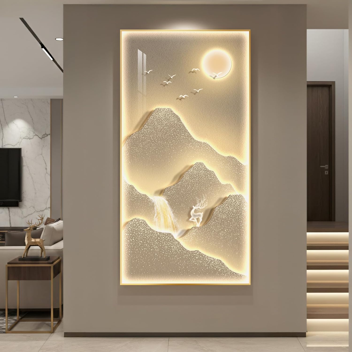 Framed LED Mountain Wall Art for Living Room, Large Vertical Lighted Modern Luxury Gold Bright Sun Waterfall Artwork for Walls, Nature Landscape Backlit Wall Decor for Hallway, Entryway, Home Office