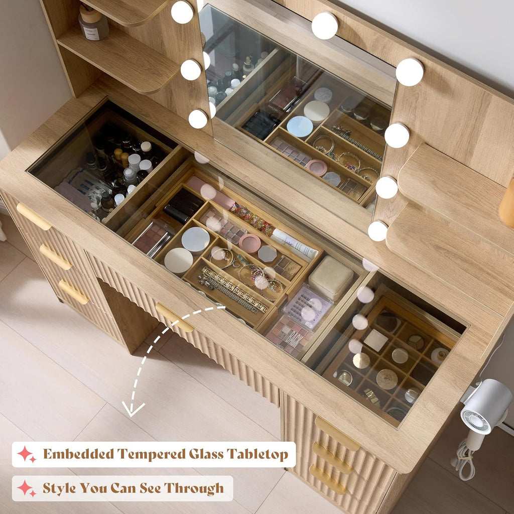 AMERLIFE 47.2" Fluted Vanity Desk with Mirror and Adjustable LED Lights, Large 7 Drawers Makeup Vanity Table with Glass Top and Charging Station for Women and Girls, Bedroom or Dorm, Natural Oak