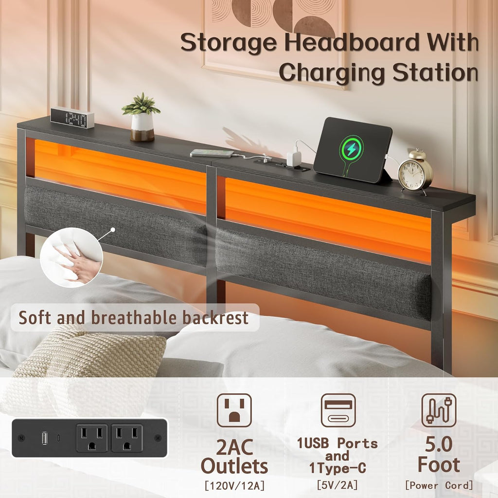 OURPIC Full Size Bed Frame with Headboard, Bed Frame Full Size with LED Light and Charging Station, Black Metal Platform Bedframe and Storage Shelf, No Box Spring Needed, Noise Free