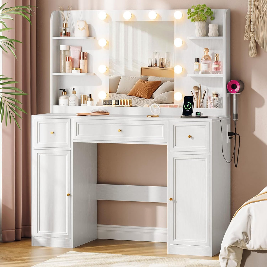 Large Vanity Desk with Mirror and Lights, Makeup Vanity with Power Outlets, 3 Drawers and 2 Large Cabinets, 3 Lighting Modes Adjustable Brightness, Dressing Table for Women Girls, White