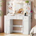 Large Vanity Desk with Mirror and Lights, Makeup Vanity with Power Outlets, 3 Drawers and 2 Large Cabinets, 3 Lighting Modes Adjustable Brightness, Dressing Table for Women Girls, White