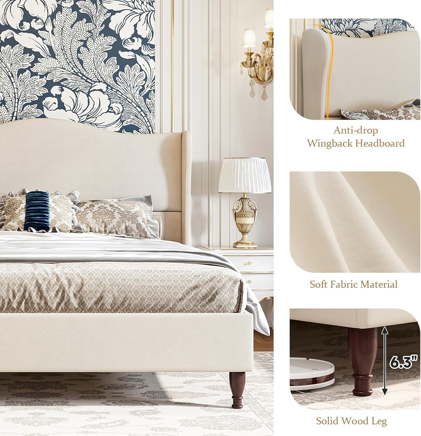 koorlian Queen Size Bed Frame Upholstered Platform Bed with 51" Tall Headboard Wingback, Soft Fabric, Retro Simple Style Platform Bed No Box Spring Needed, Easy Assembly, Beige