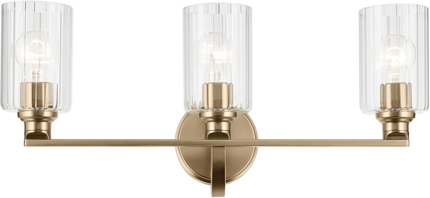 Kichler Gioe 24.25" 3-Light Bathroom Vanity Light Fixture with Clear Fluted Glass in Champagne Bronze, Damp Rated for Mirror, Powder Room (24.25" W x 10.5" H), 55226CPZFLU