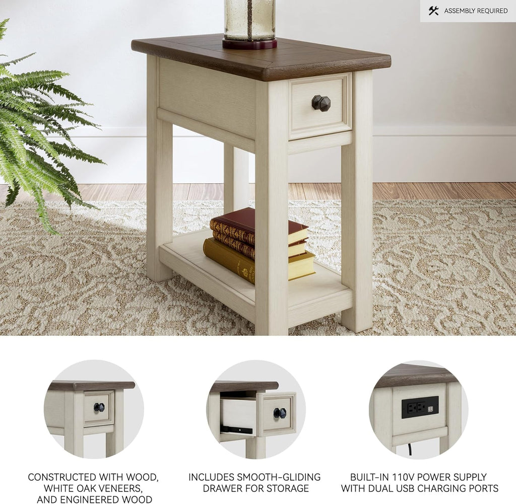 Signature Design by Ashley Bolanburg Chairside End Table With Charging Station, Two-Tone Wood Accent Table With Drawer Storage, Plank Top Design for Living Room or Bedroom, Antique White