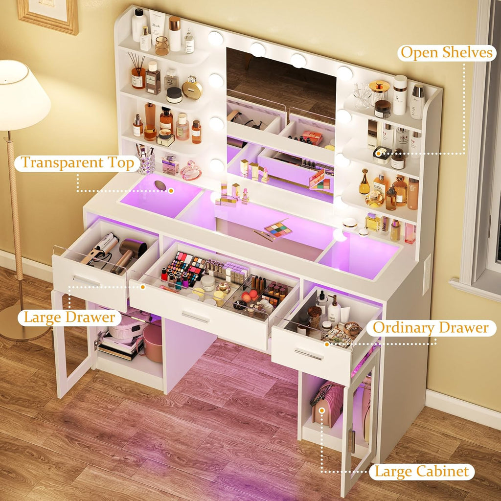HUAHUU Vanity Desk, Makeup Vanity Desk with Mirror and Lights 3 Colors, Transparent Top with 3 RGB Drawers, 6 Shelves, 2 Large Tempered Cabinets, Power Outlet, for Bedroom, White