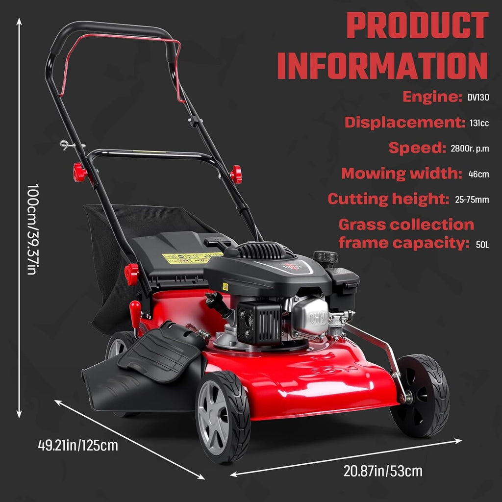 18" Lawn Mowers, 3 in 1 Self-Propelled Cordless Lawn Mower, 131cc Walk-Behind Push Gas Lawn-Mower with 50L Grass Bag, Heavy-Duty Gas Powered Lawnmower for Gardening Care Lawns Maintenance Yard Trimme