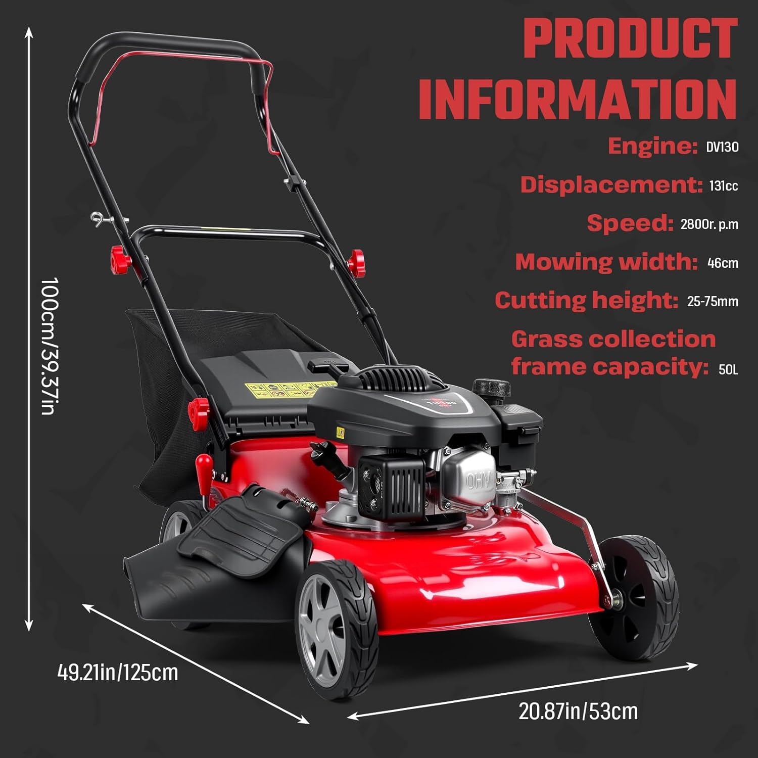 18" Lawn Mowers, 3 in 1 Self-Propelled Cordless Lawn Mower, 131cc Walk-Behind Push Gas Lawn-Mower with 50L Grass Bag, Heavy-Duty Gas Powered Lawnmower for Gardening Care Lawns Maintenance Yard Trimme