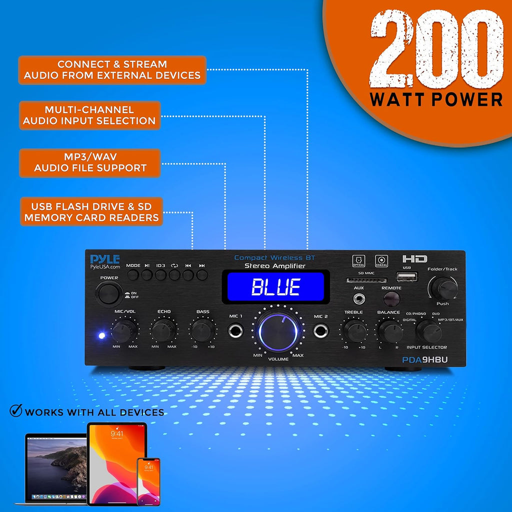 PyleUsa Wireless Bluetooth Home Stereo Amplifier - Multi-Channel 200 Watt Power Amplifier Home Audio Receiver System w/ HDMI, Optical/Phono/Coaxial,FM Radio, USB/SD, AUX, RCA,Mic in Remote - PDA9HBU.6
