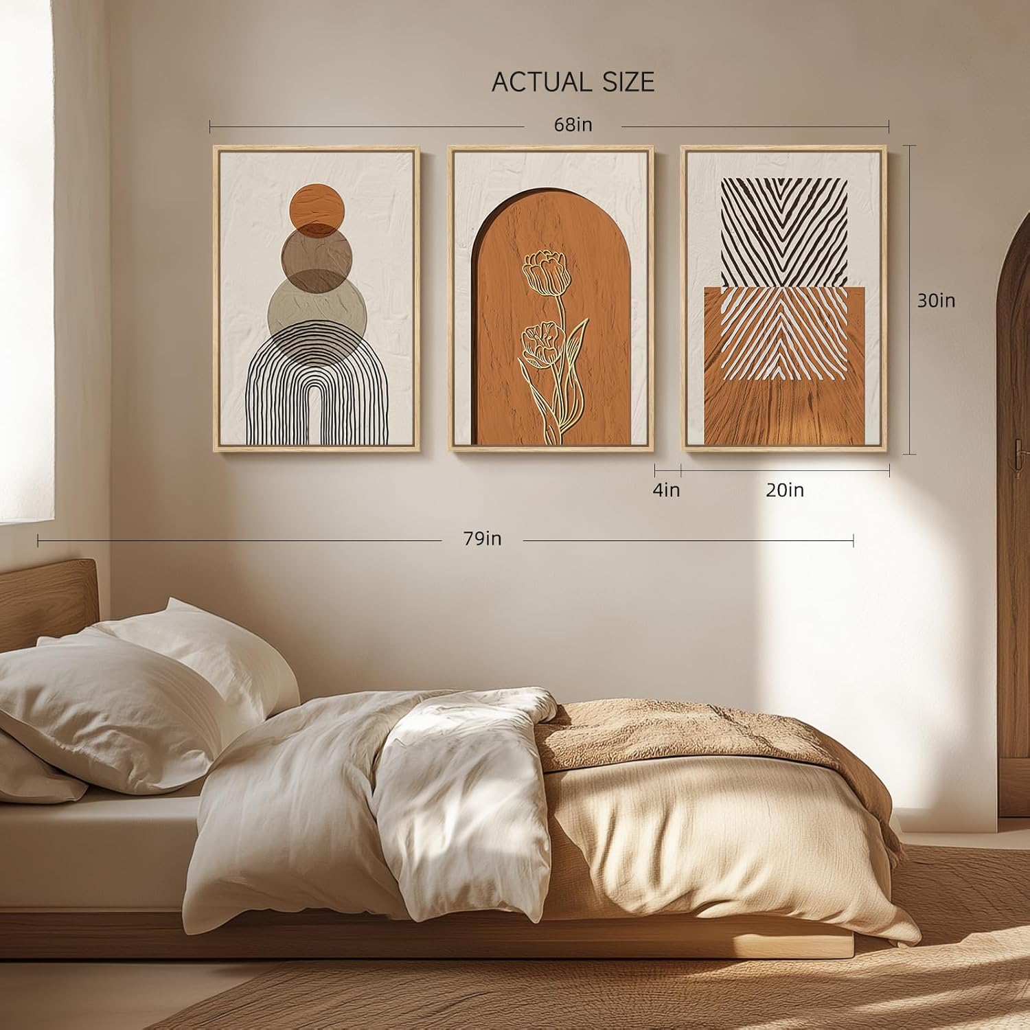 Large Framed Boho Abstract Wall Art for Living Room, 3 Piece Neutral Orange Paintings Prints Canvas Artwork for Walls, Modern Geometric Bohemian Pictures Wall Decor for Bedroom Home Office, 20x30 Inch