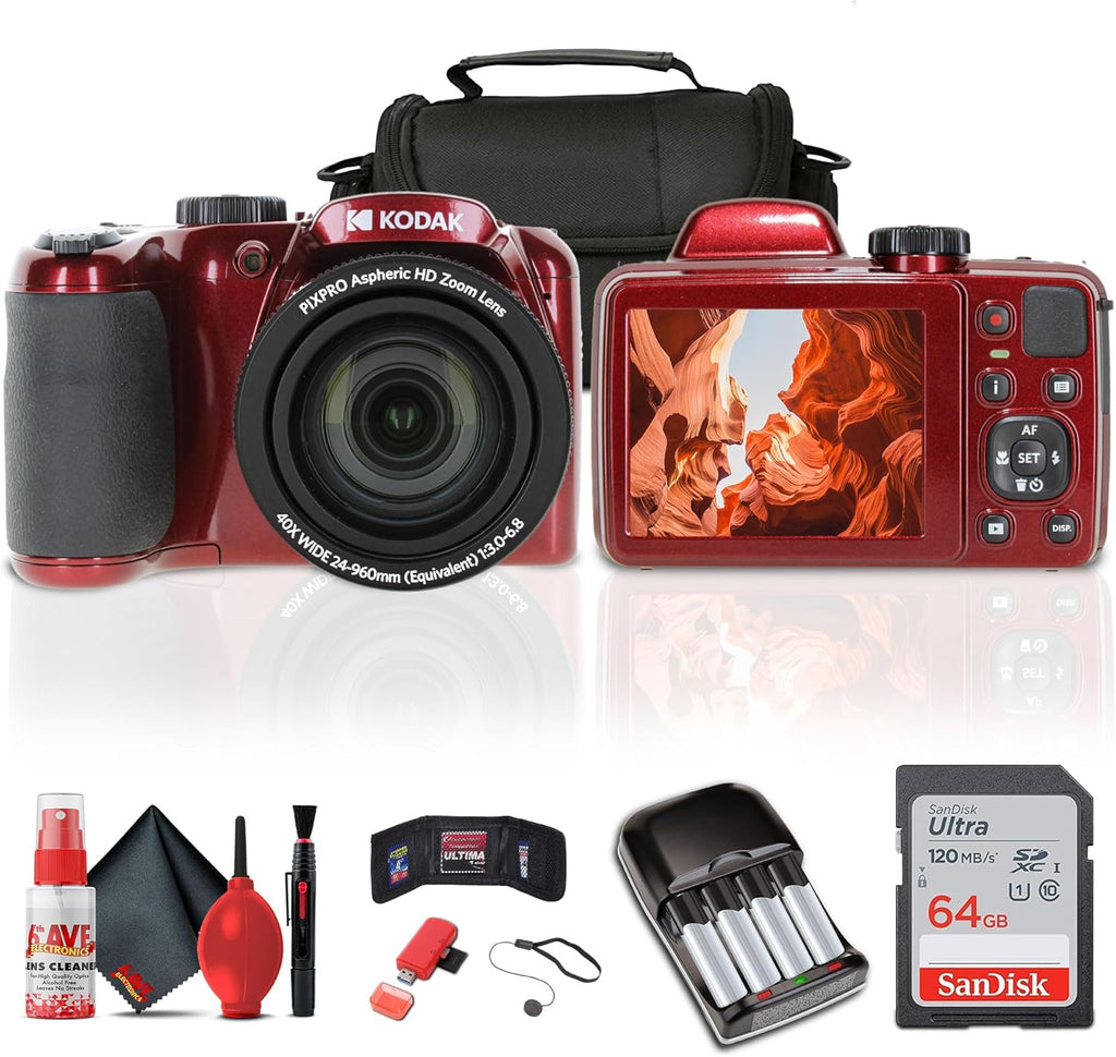 Kodak Pixpro AZ405 Digital Camera (AZ405RD) Bundle Including: 64 GB Memory Card, Rechargeable Batteries, Case, Neck Strap, Lens Caps, Full Cleaning Kit, Card Reader, Card Wallet, USB Cable, Cap Keeper