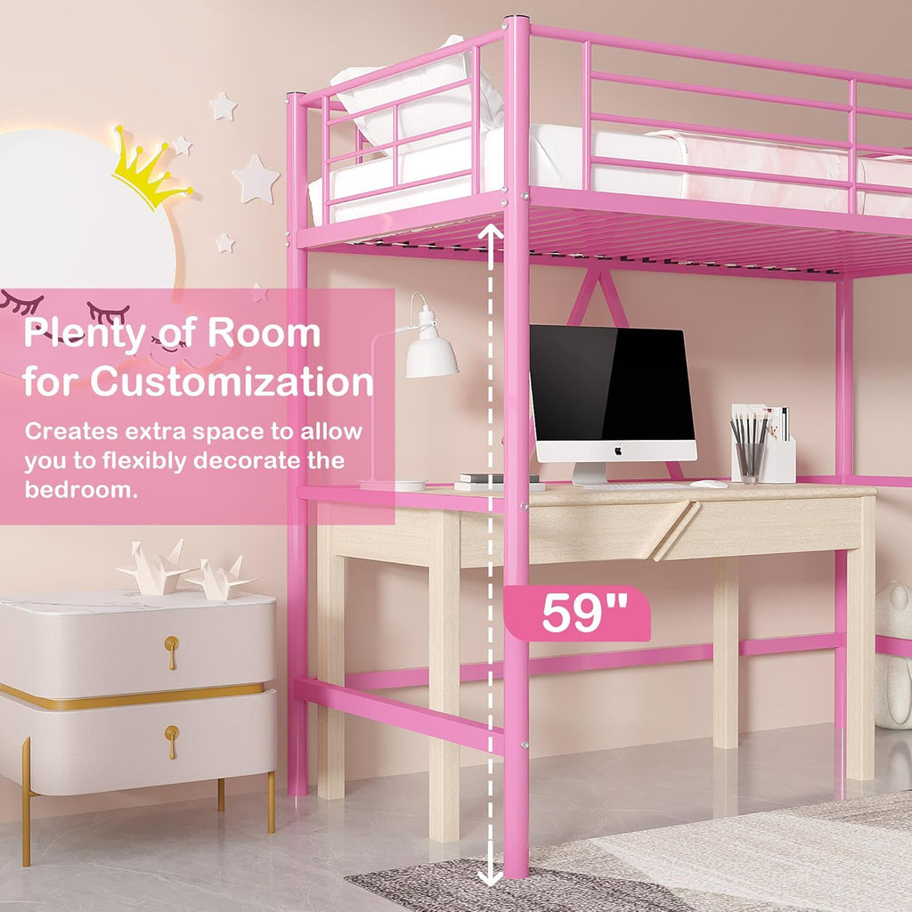 VECELO Loft Bed Twin Size, Metal Bedframe with Removable Ladder and Safety Guardrail, No Box Spring Needed, Space Saving, Noise Free, Light Pink