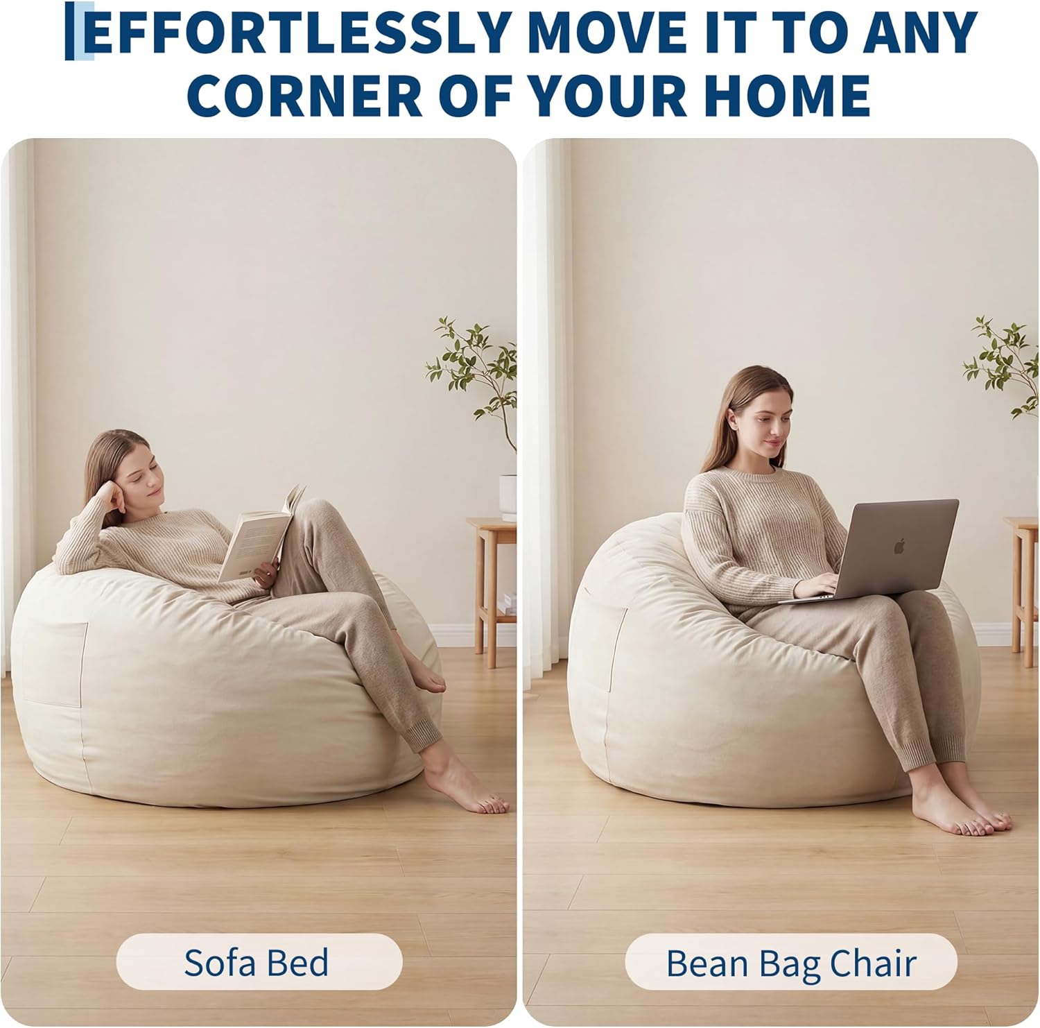 4 in 1 Adult Bean Bag Chair, 4ft Large Beanbag Chair with High Rebound Memory Foam Filler and Removable Cover, Oversized Comfy Flannel Bean Bag Couch Bed Lazy Sofa for Adults Teens, Beige
