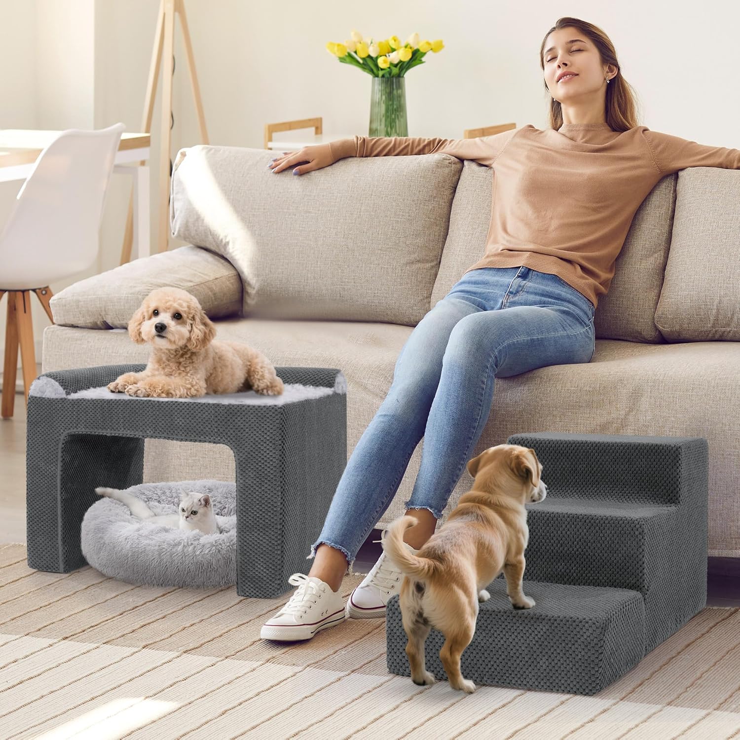 HOMBYS Stable Foam Dog Window Perch & Orthopedic Bed with Reinforced Metal Frame for Long-Lasting Support, Pet Bunk Bed for Dogs, Joint Relief & Window Viewing (Height 15.7")