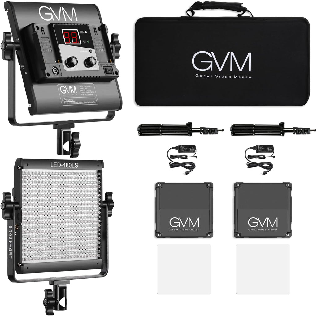 GVM 2 Pack LED Video Lighting Kits with APP Control, Bi-Color Variable 2300K~6800K with Digital Display Brightness of 10~100% for Video Photography, CRI97+ TLCI97 Led Video Light Panel +Barndoor