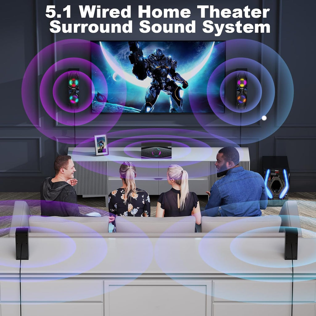 Bobtot Surround Sound Systems Home Theater System - 1200 Watts Peak Power 10" Subwoofer 5.1/2.1 Wired Audio Stereo Speakers Strong Bass with ARC Optical AUX Bluetooth Input