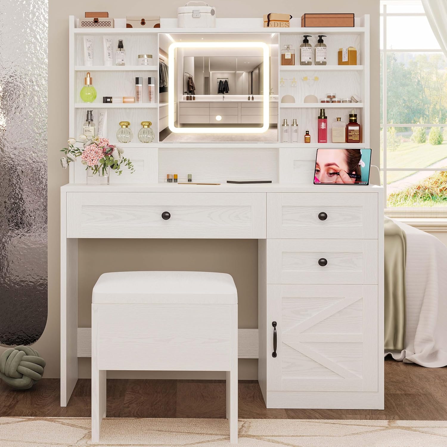 IRONCK Vanity Desk with LED Lighted Mirror, Large Storage Makeup Vanity Table with 5 Drawers, Cabinet, 7 Open Shelves, Power Outlet, Storage Stool, Bedroom, White