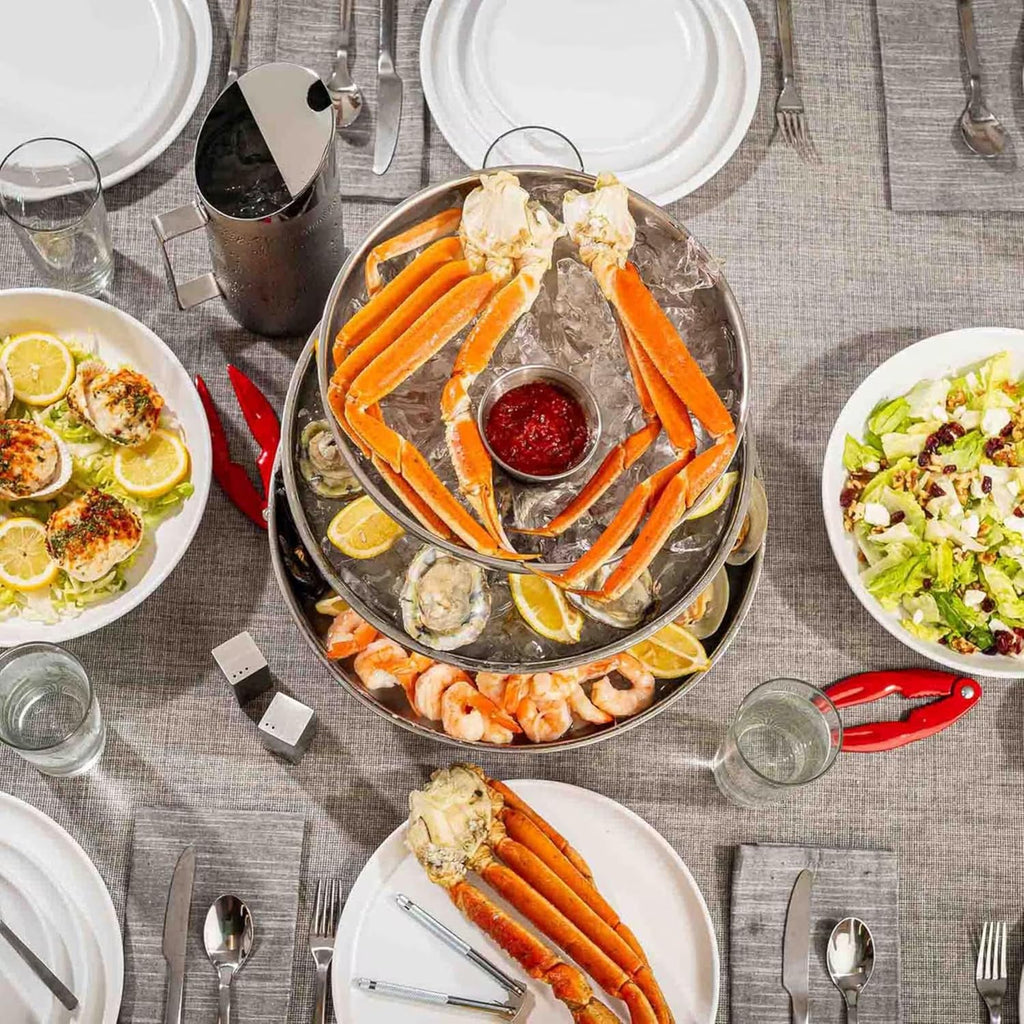 TableCraft 12913 Three-Tiered Seafood Tower, Double-Wall Stainless Steel Display with Polished Mirror Finish, Round 10", 12" & 14" Bowls, Elevated Chilled Presentation, 14" x 14" x 13.75", Silver