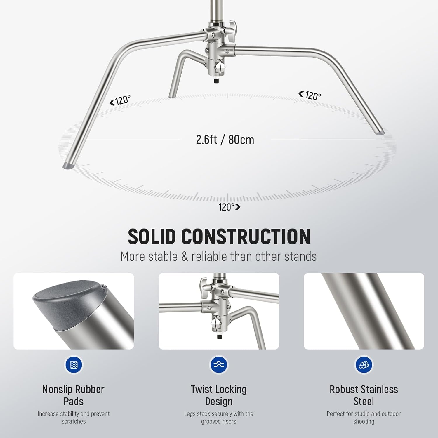 NEEWER Basics 100% Stainless Steel Heavy Duty C Stand with Boom Arm, Max 10.5ft/320cm Photography Light Stand, 4.2ft/128cm Holding, 2 Grip Heads for Studio Monolight Softbox Reflector, SC320 Lite