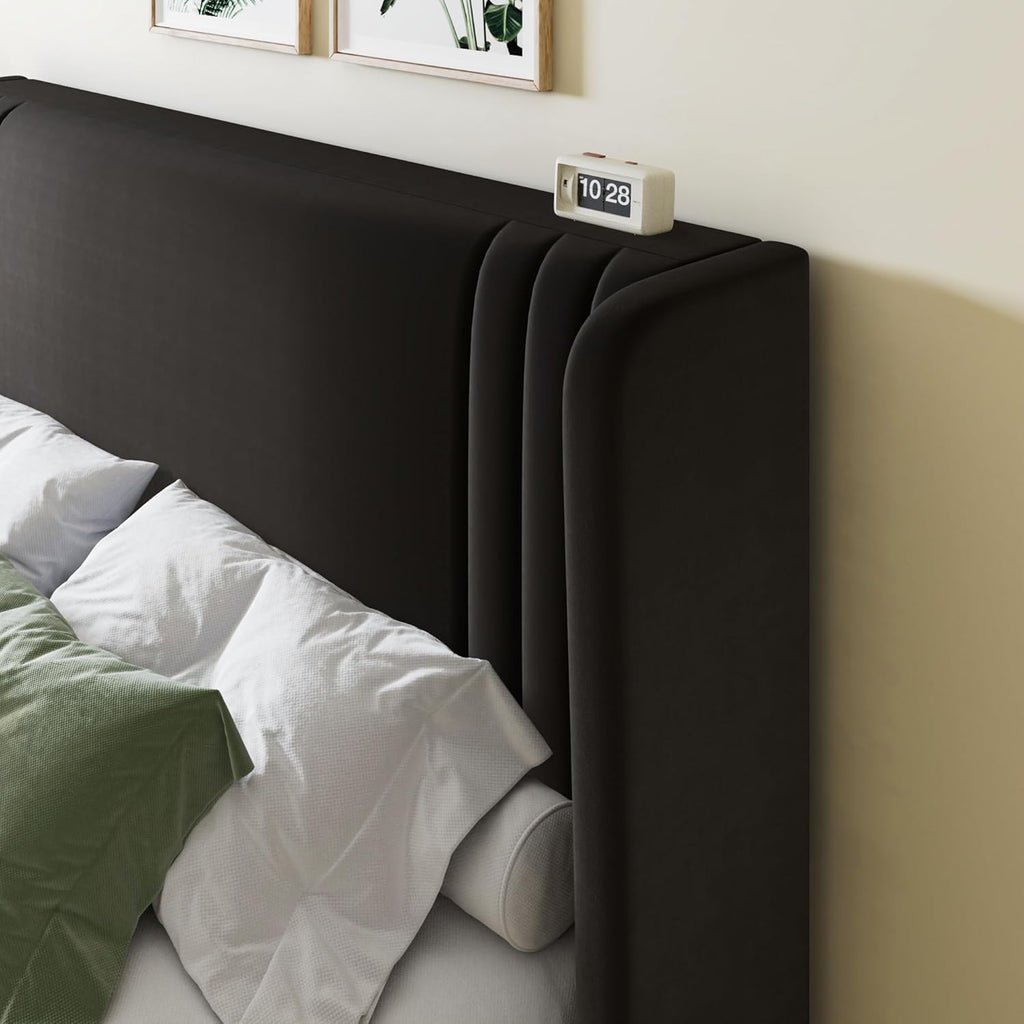 Allewie Queen Size Velvet Platform Bed Frame with Vertical Tufted Wingback Headboard, Easy Assembly, Under Bed Storage, No Box Spring Required, Modern Style, Black