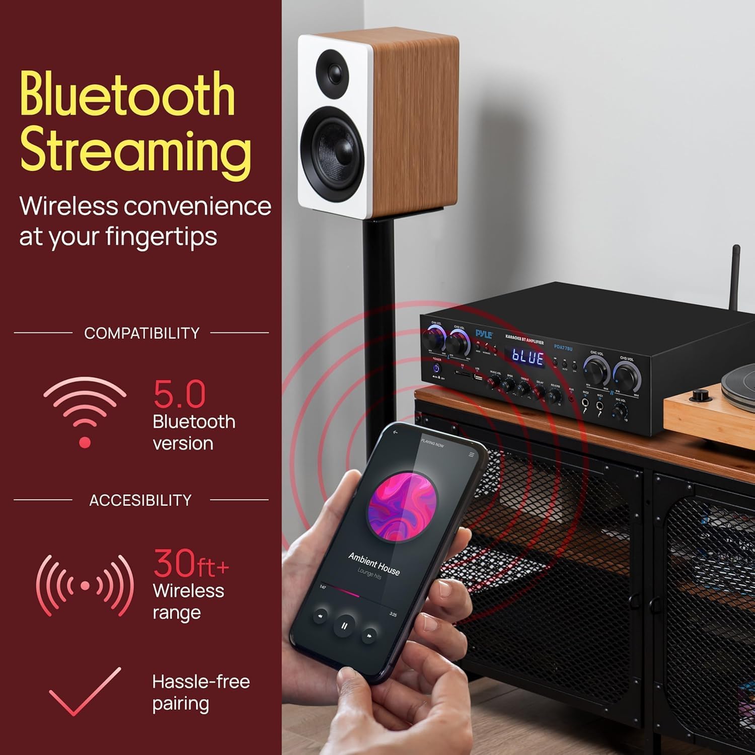 Pyle Home Stereo Receiver with Bluetooth - 4 Channel Amplifier, 800 Watt Max, USB-A Input w MP3 Player, Easy Karaoke Setup with Mic Vol, Reverb and Delay, RCA in/Out, SD Card, FM Radio - PDA77BU