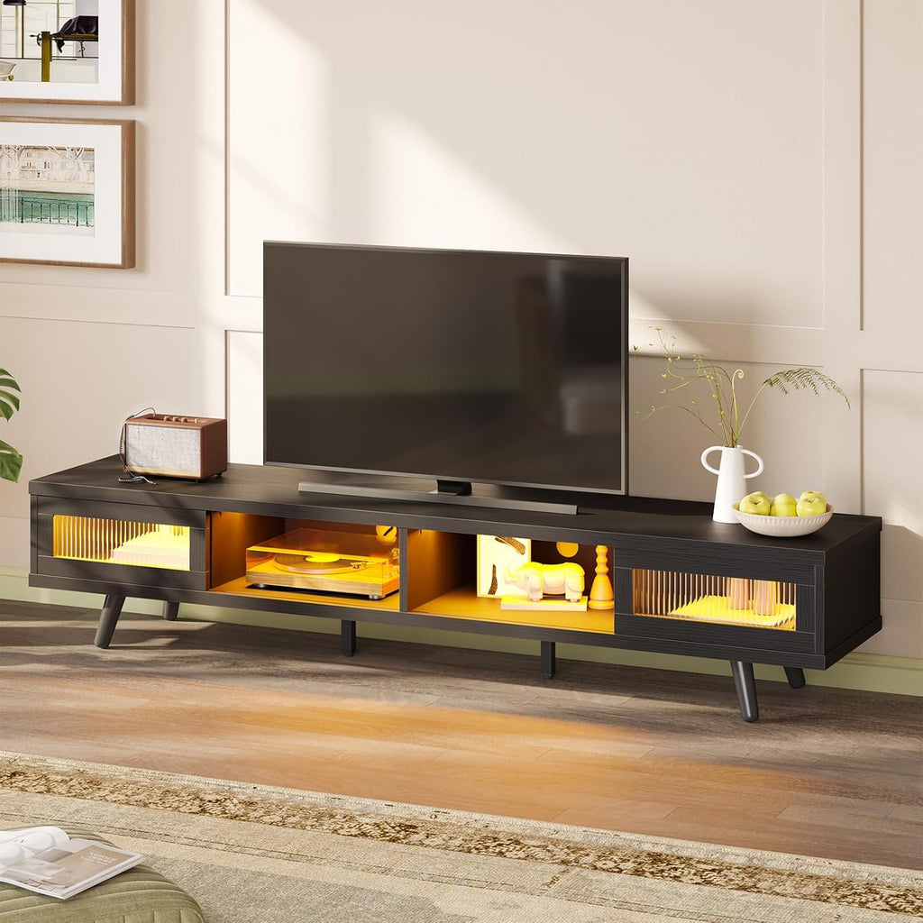 Bestier Mid Century Modern TV Stand for 75 inch TV, LED Entertainment Center with Storage and Sliding Doors, Low Profile TV Consoles for Living Room, Embossed Black
