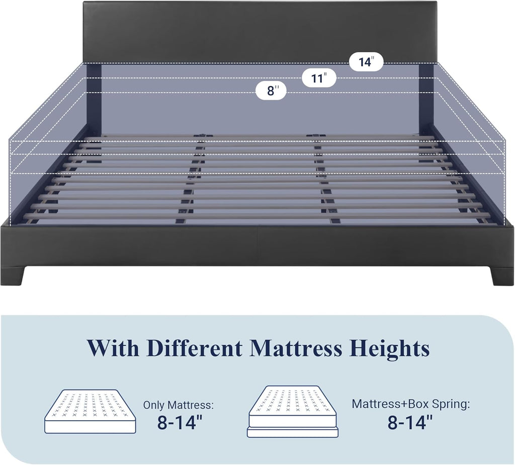 Allewie King Size Bed Frame with Adjustable Headboard, Faux Leather Platform Bed with Wood Slats, Heavy Duty Mattress Foundation, No Box Spring Needed, Noise-Free, Easy Assembly, Black