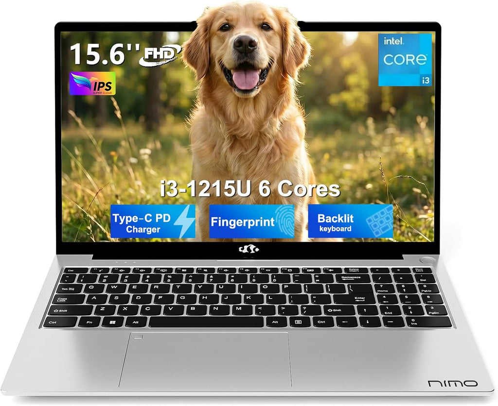 NIMO 15.6" FHD IPS Laptop, Intel Core i3-1215U (Beats i5-1135G7 Class), 16GB RAM, 512GB SSD, Windows 11 Home, Wi-Fi 6, Backlit Keyboard, Fingerprint, USB-C 65W Fast Charge, Bluetooth 5.2, 180° View