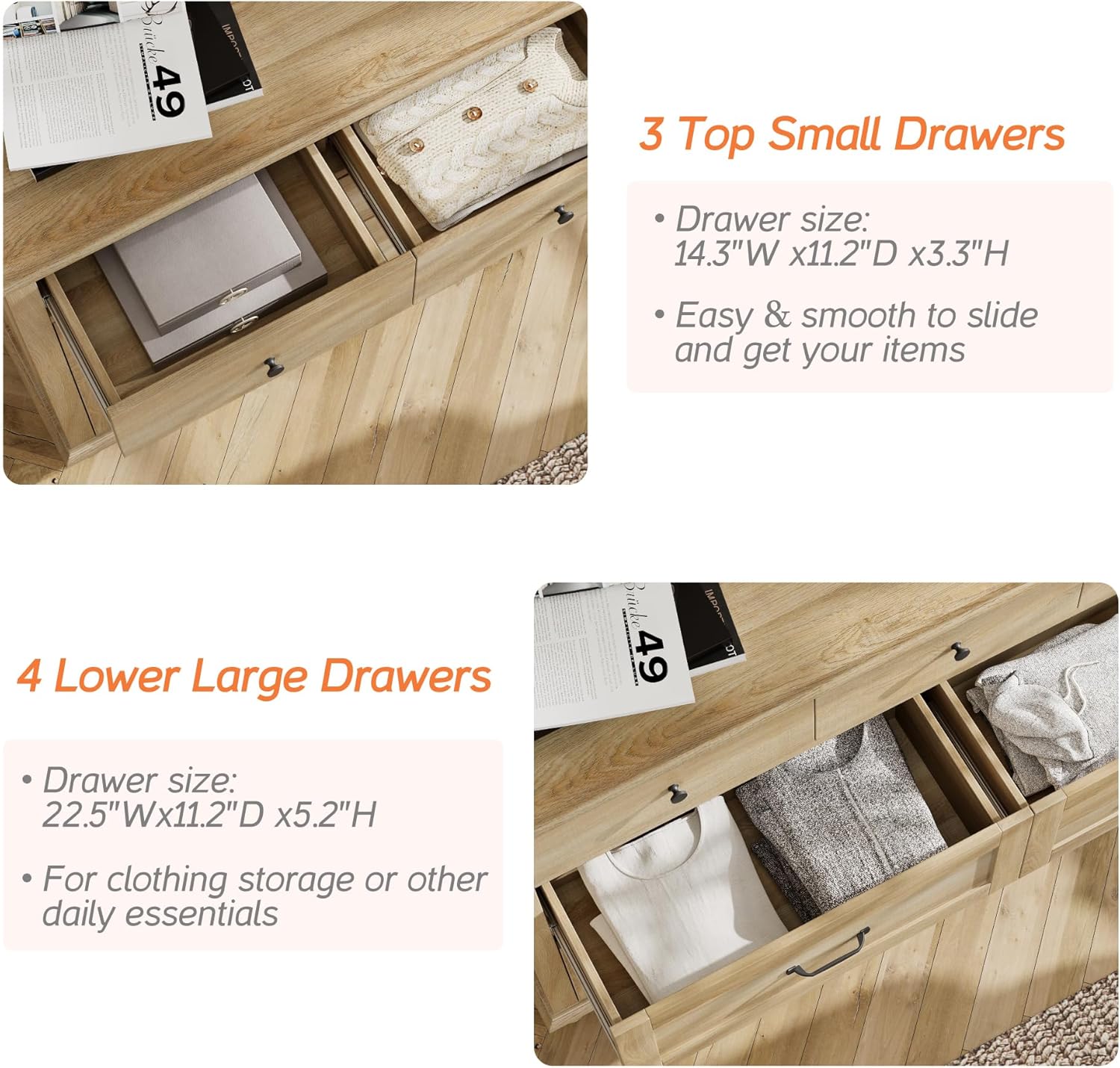 WAMPAT 3 Piece Bedroom Set - Includes 7 Drawer Dresser for Bedroom, Set of 2 Night Stands with Charging Station & Drawers, 3 Piece Dresser and Nightstand Sets, Oak