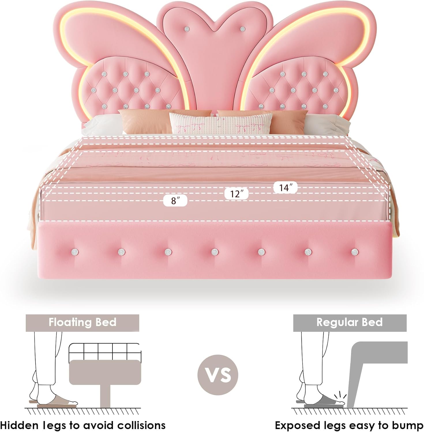 Keyluv Full Bed Frame Butterfly-Pattern Upholstered Headboard, Modern Floating Bed with LED Lights Button Tufted on Headboard and Footboard, Slats Support No Box Spring Needed, Noise-Free, Pink