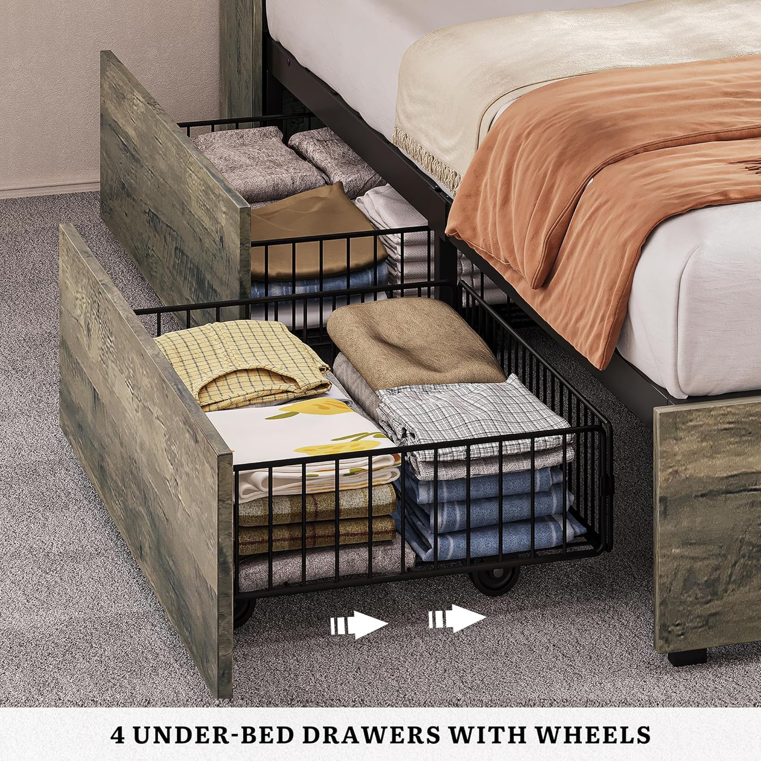 YITAHOME Farmhouse King Size Bed Frame with Storage Bookcase Headboard, Sliding Barn Door, 4 Storage Drawers, RGB LED Bed Frame with USB Charging Station, No Box Spring Needed, Cement Grey