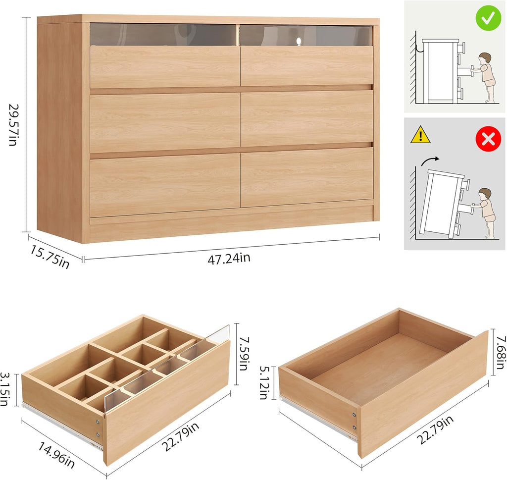 Jocoevol Modern LED 6 Drawer Dresser for Bedroom, Large Chest of Drawers with Hidden Handles, Long Double Wooden Dresser Closet for Living Room, Entryway, Hallway - Natural Oak