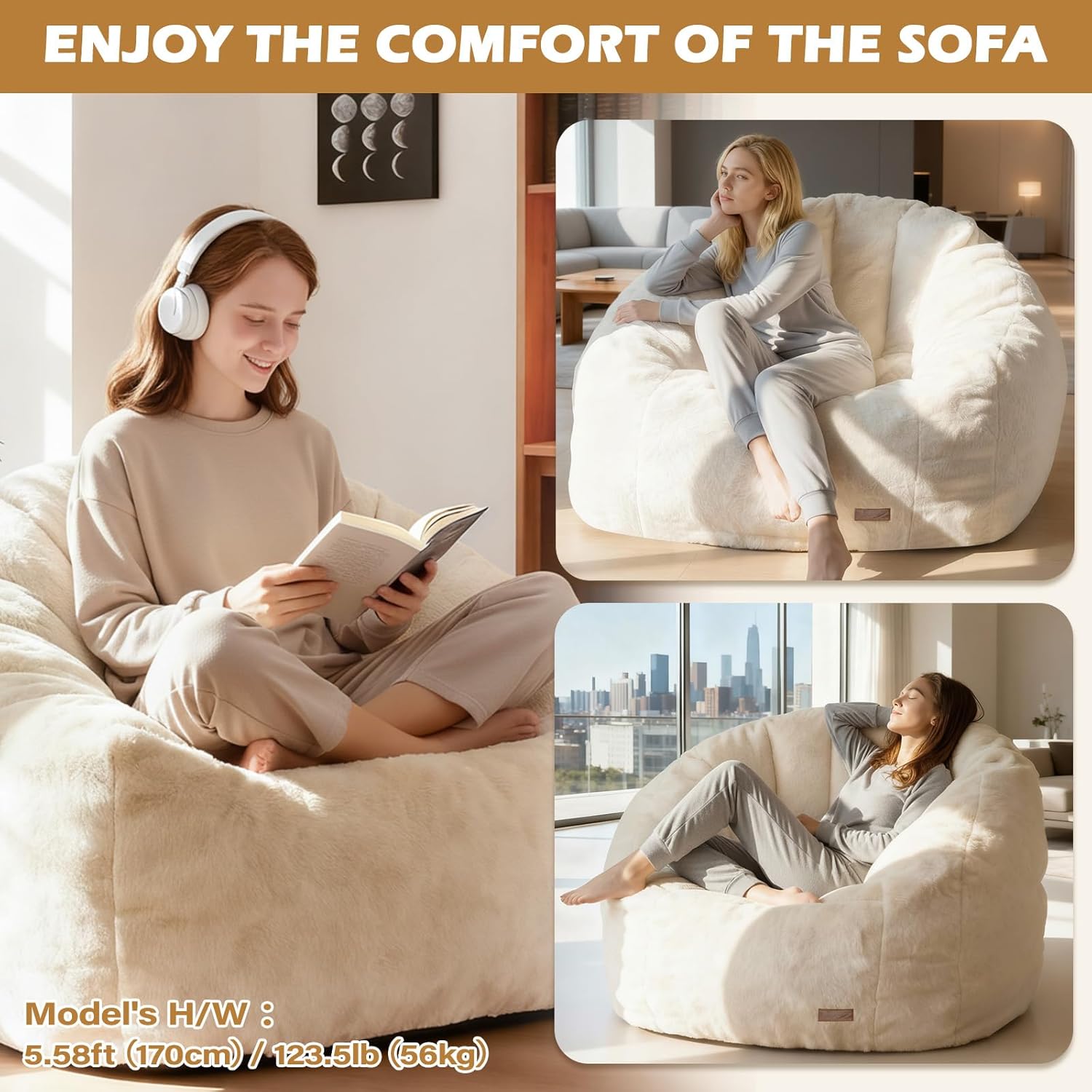 Giant Bean Bag Chair for Adults, Teens and Kids, Cozy Fluffy Corduroy Beanbag Chair with Filler, Large Floor Lounge Sofa for Living Room, Bedroom, Dorm, Gaming and Reading(L-Ivory)