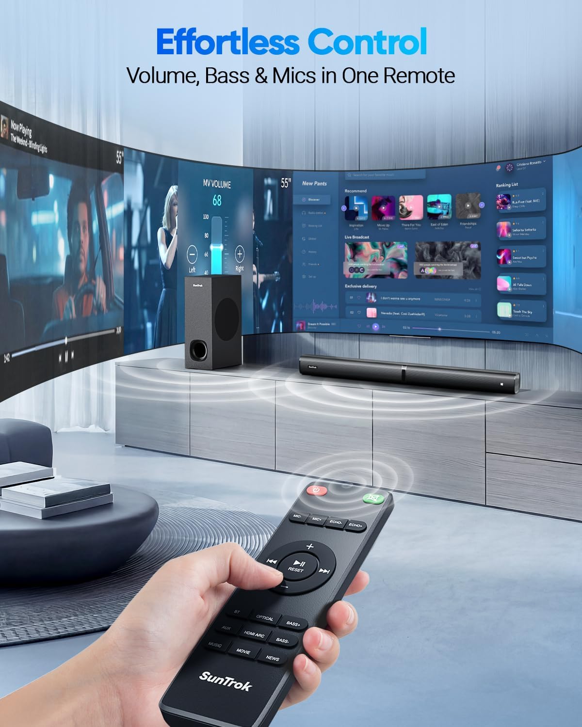 Soundbar with Subwoofer for TV, Home Theater Bluetooth 5.3 Speaker System with 2 Wireless Karaoke Mics, Surround Sound Audio with HDMI ARC, Optical, AUX, USB for Movie, Music, Family Party(Peak 240W)
