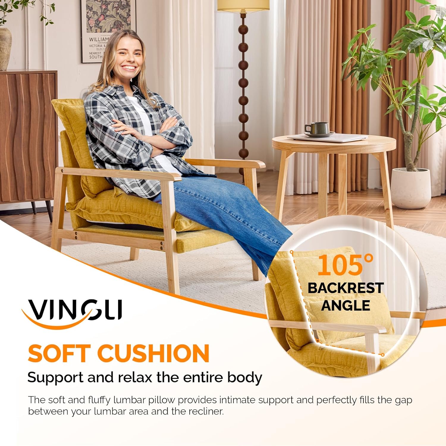 VINGLI Mid-Century Modern Cloud Accent Armchairs set of 2 with Lumbar Pillow, 6.3'' Thick Seat Cushion Reading Chairs with Wooden Armrests, Boho Lounge Chair for Bedroom, Living Room, Chenille, Yellow