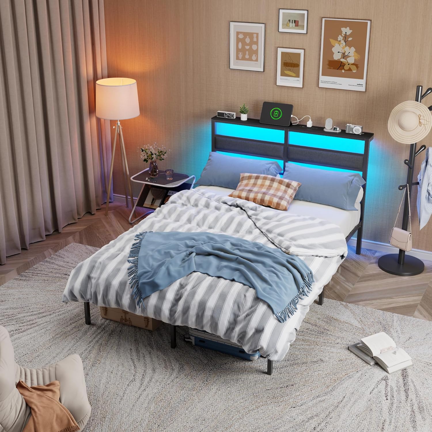 OURPIC Full Size Bed Frame with Headboard, Bed Frame Full Size with LED Light and Charging Station, Black Metal Platform Bedframe and Storage Shelf, No Box Spring Needed, Noise Free