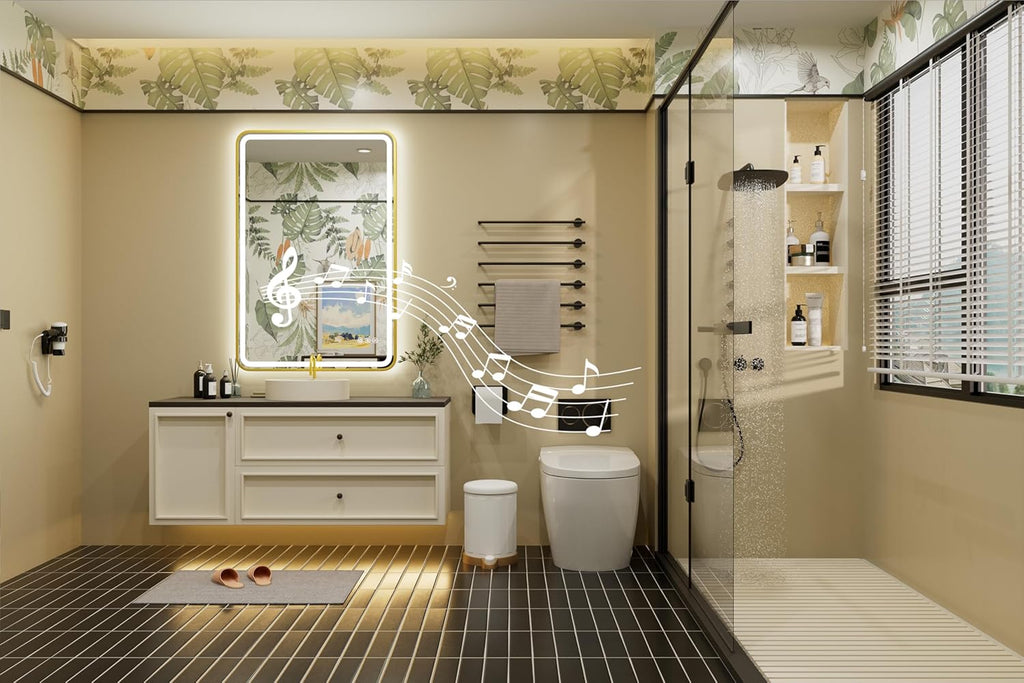 24x36 inch LED Bathroom Mirror with Bluetooth, Adjustable 3000K/4500K/6000K, Stepless Dimming, Anti-Fog, Gold Aluminum Frame Front & Backlit Lighted Wall Mounted Vanity Mirror