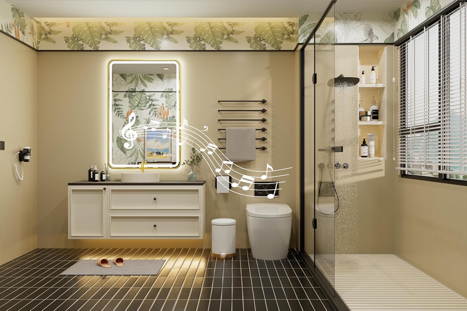 24x36 inch LED Bathroom Mirror with Bluetooth, Adjustable 3000K/4500K/6000K, Stepless Dimming, Anti-Fog, Gold Aluminum Frame Front & Backlit Lighted Wall Mounted Vanity Mirror