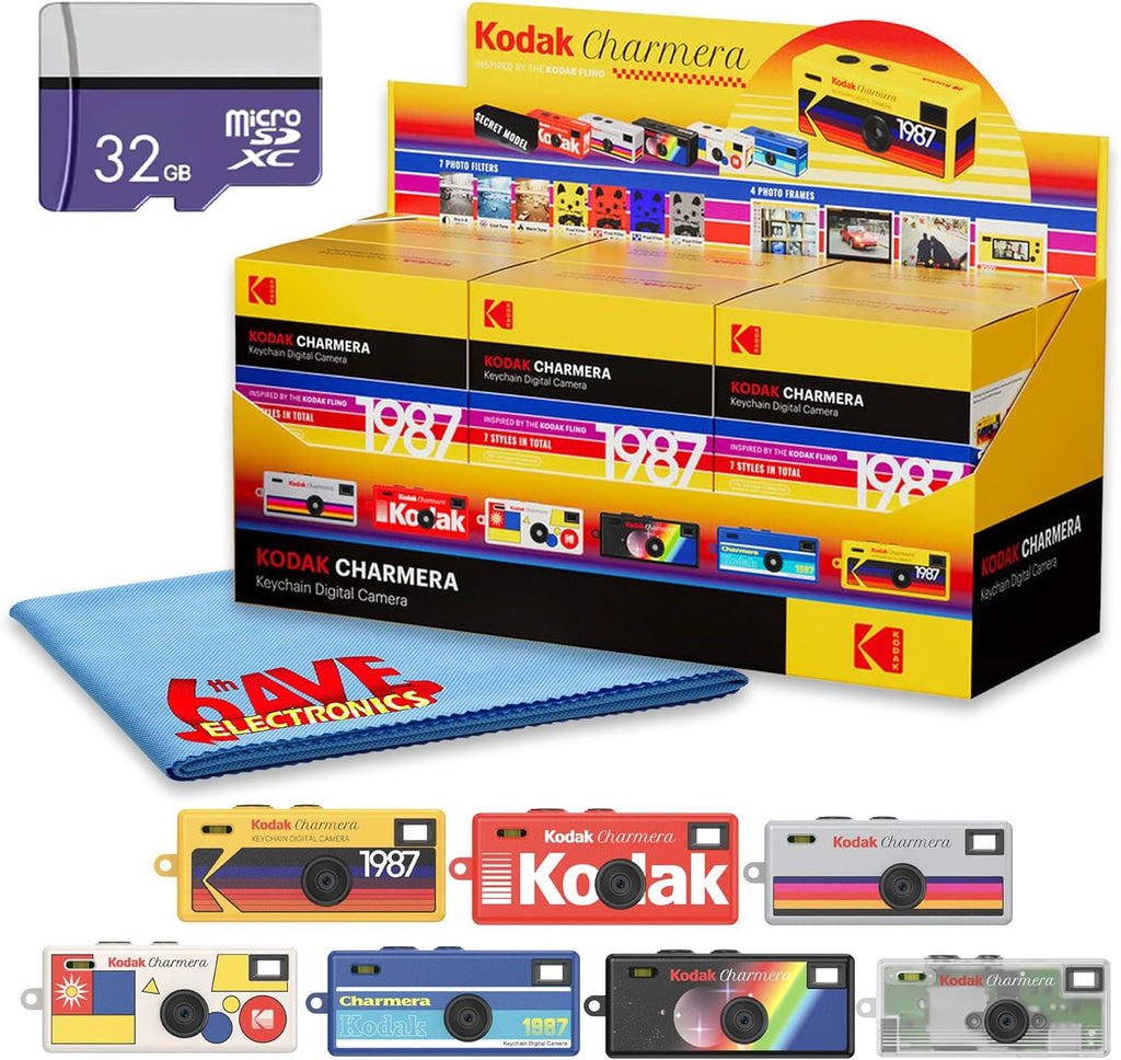 Kodak Charmera Keychain Digital Camera 6-Pack, Blind Box Mini Retro Camera for Gifts, Collectibles, Parties and Lo-Fi Photos (RK0602) + 32GB Memory Card + Micro Fiber Cloth (13pc Bundle)