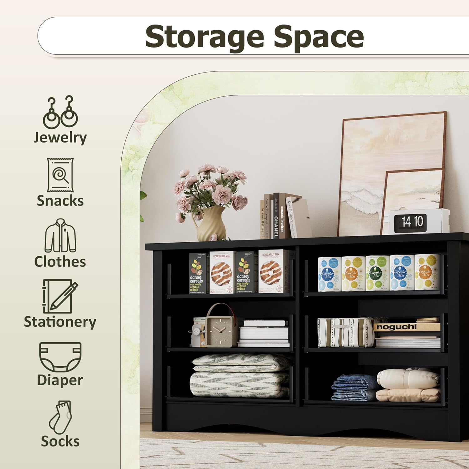 Shahoo Black Dresser for Bedroom with 6 Drawers, 47.2" Wide Chest Storage Organizer and TV Stand for Living Room, Closet, Hallway, Dormitory