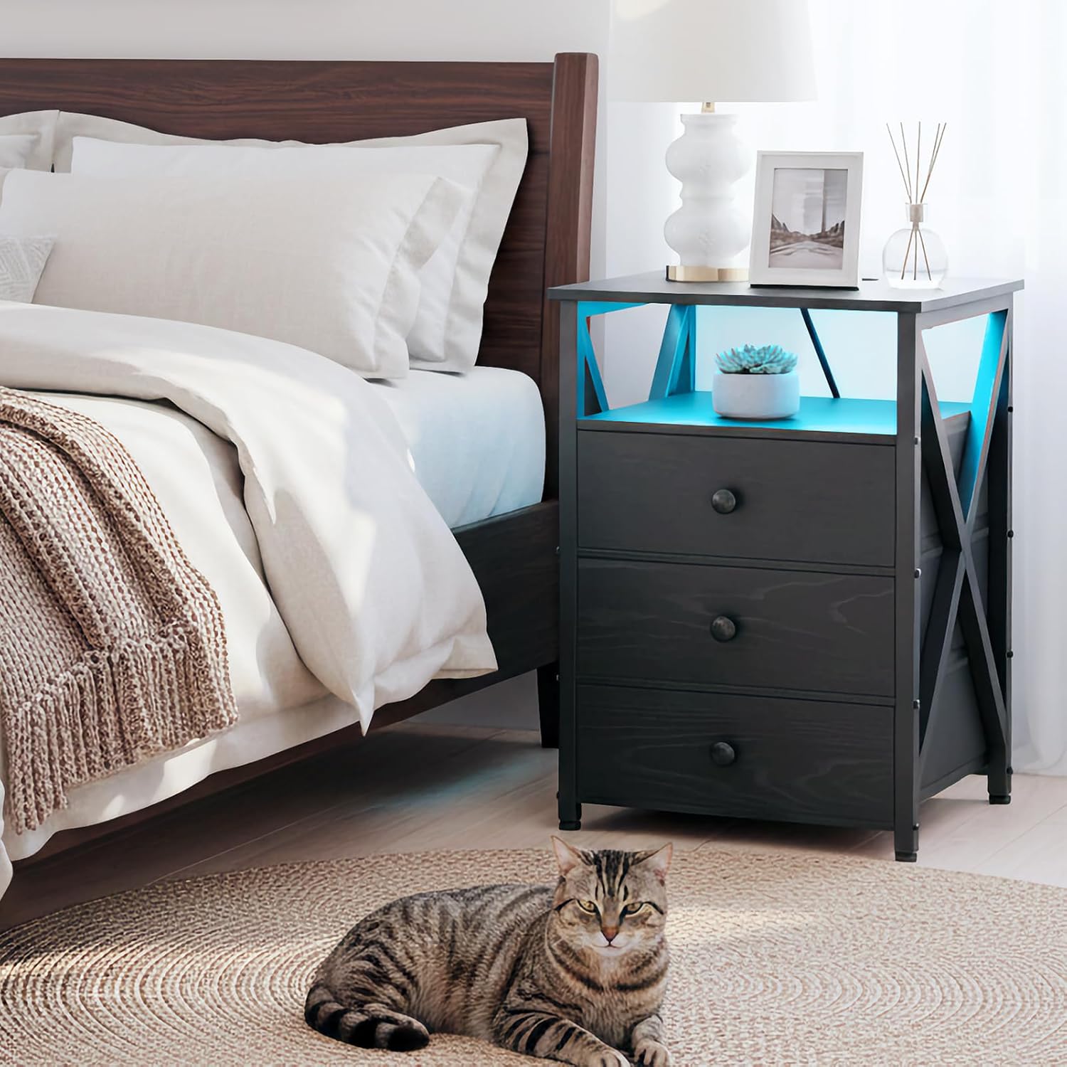 AMHANCIBLE Night Stand Set 2, LED Nightstand with Charging Station, End Side Tables with USB Port & Outlet, Bedside Table with Fabric Drawers for Bedroom, Black, HET053LBK