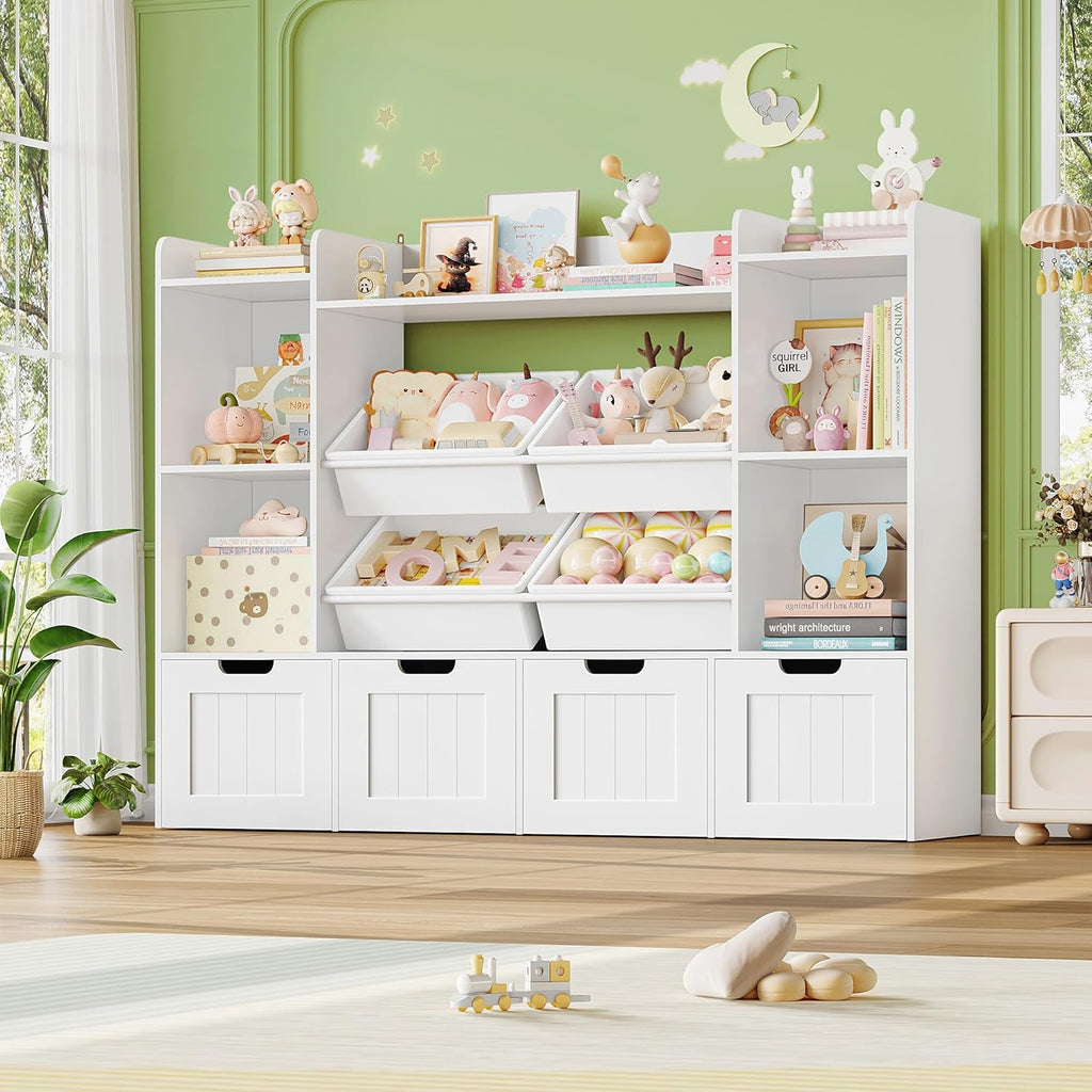 Toy Storage Organizer, Toy Organizer with 4 Movable Drawers and 4 Box Bins, Kids Playroom Storage Organization with Hidden Wheels for Living Room, Kids Room