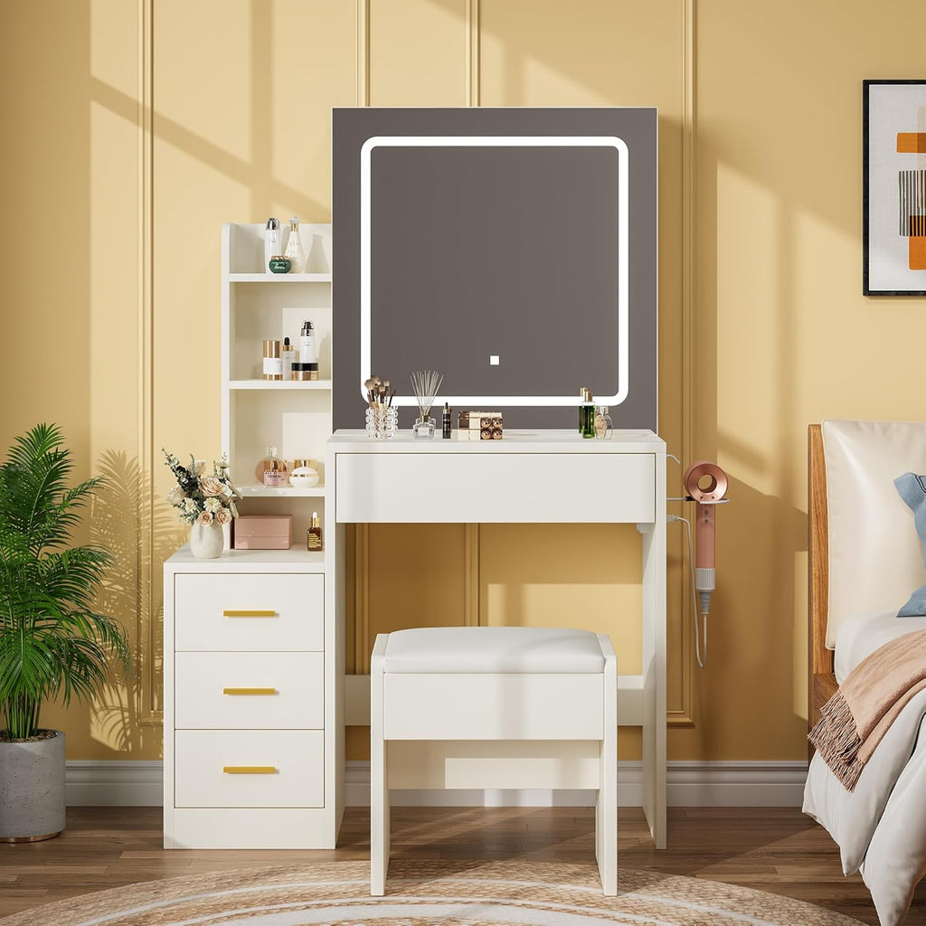 IDEALHOUSE Stylish LED Lighted Vanity Set with Stool – Modern Makeup Table with 4 Drawers, Sliding Mirror & Open Shelves for Bedroom or Bathroom, in White