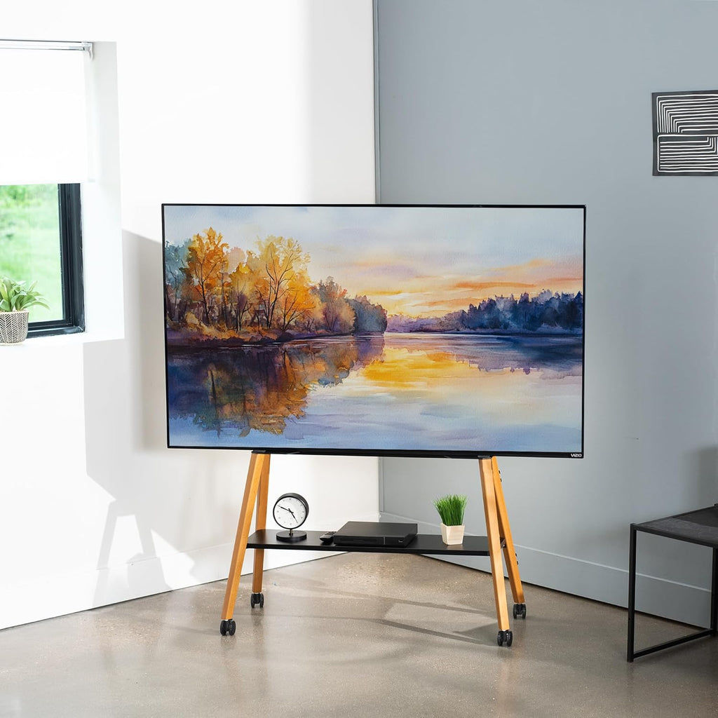 VIVO Rolling Artistic 43 to 75 inch LED LCD Screen Mobile Studio TV Easel Stand, Wood Accessory Shelf, Adjustable TV Mount with 4 Walnut Legs, Black Frame, STAND-TV75R
