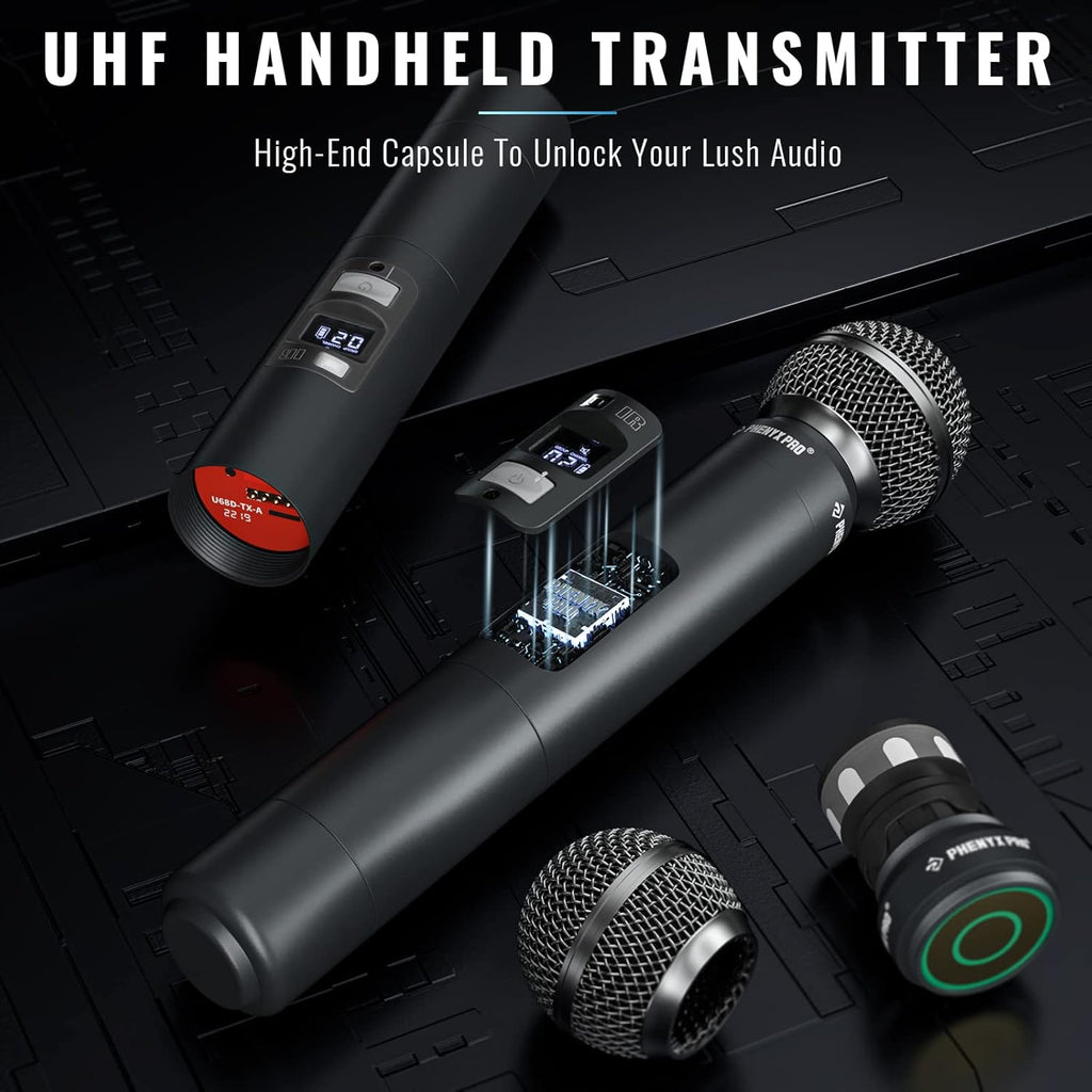 Phenyx Pro Wireless Microphone System, Quad Channel Wireless Mic, w/ 4x40 UHF Frequencies, Auto Scan, 328ft Long Range, 4 Handheld Dynamic Microphone for Singing, Church, Karaoke (PTU-7000-4H)